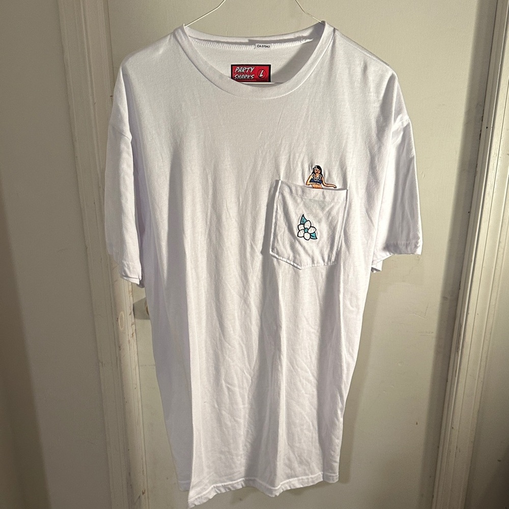 Party sharks  White Tee with Pocket Graphic